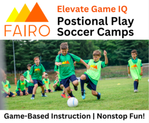 This image says Elevate Game IQ at a Positonal Play Soccer Camp with kids playing soccer in an image