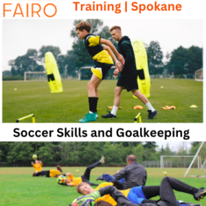 This is an image of the Fairo Sport Logo with the words Independent soccer training in Spokane and photos of a soccer player jumping over hurdlies with a coach and goalkeepers practicing diving