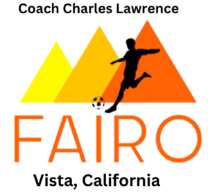 this is an image of the fairo logo with a soccer player taking a shot for Soccer Coach Charles Lawrence for soccer training