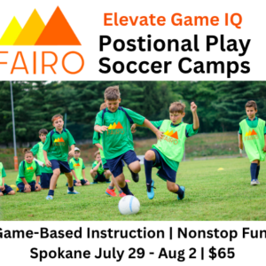 Spokane Soccer Training camp with kids playing soccer and the fairo logo is on the chest